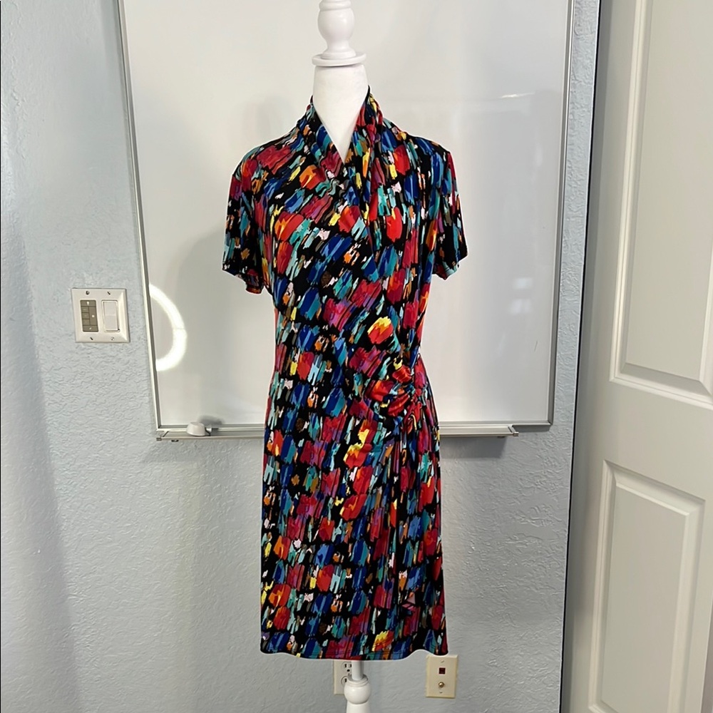 Karen Kane Red and Blue Faux Wrap Flutter Sleeve Midi Dress L